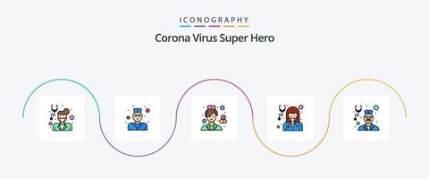 corona virus super eroe linea pieno piatto 5 icona imballare Compreso medico. medico. avatar. assistenza sanitaria. farmacista vettore