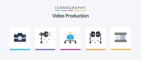video produzione piatto 5 icona imballare Compreso riflettore. illuminazione. riflettore. testa. capo. creativo icone design vettore