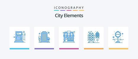 città elementi blu 5 icona imballare Compreso fermare. tavola. mercato negozio. la fornitura. potenza. creativo icone design vettore