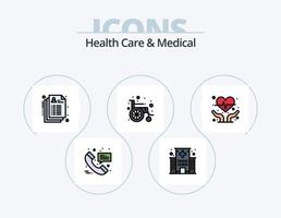 Salute cura e medico linea pieno icona imballare 5 icona design. . test. ruota. chimica. medico vettore