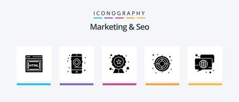 marketing e SEO glifo 5 icona imballare Compreso discorso. Chiacchierare. seo. bolla. successo. creativo icone design vettore