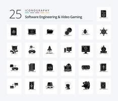 Software ingegneria e video gioco 25 solido glifo icona imballare Compreso installare. CD. Software. cartella. elenco vettore