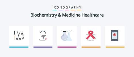 biochimica e medicina assistenza sanitaria piatto 5 icona imballare Compreso cellula. medico. borraccia. nastro. cancro. creativo icone design vettore