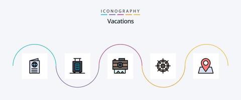 vacanze linea pieno piatto 5 icona imballare Compreso puntatore. ruota. telecamera. nave ruota. barca vettore