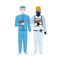 lavoratori che indossano tute di biosicurezza personaggi vettore