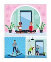 persone interrazziali che praticano esercizi online e yoga per la quarantena vettore