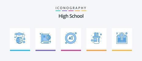 alto scuola blu 5 icona imballare Compreso ricerca. Esplorare. grado. libro. matita scatola. creativo icone design vettore