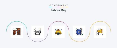 lavoro duro e faticoso giorno linea pieno piatto 5 icona imballare Compreso oratore. annunciare. costruzione. riparazione. Ingranaggio vettore