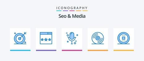 SEO e media blu 5 icona imballare Compreso controllo. media. classifica. disco. microfono. creativo icone design vettore