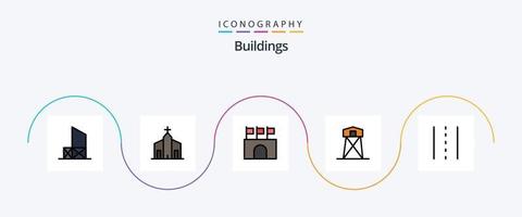 edifici linea pieno piatto 5 icona imballare Compreso caccia. difesa. storico. stadio. pubblico vettore