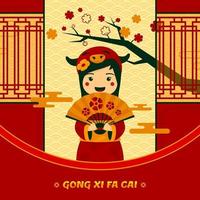 gong xi fa cai bambina con costume cinese vettore