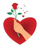 tenere in mano una rosa rossa in un grande cuore per la decorazione di San Valentino. vettore