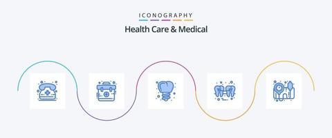 Salute cura e medico blu 5 icona imballare Compreso bp misura. filo. impianto. dente. Riempimento vettore