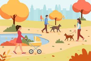 persone a piedi nel autunno parco. autunno natura.vettore illustrazione nel piatto stile. vettore