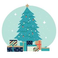 decorato Natale albero con regalo scatole, stella, luci, decorativo palle e lampade. allegro Natale e contento nuovo anno. piatto stile vettore illustrazione.