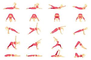 yoga pose collezione. bionda ragazza nel un' rosa tuta. femmina donna ragazza. vettore illustrazione nel cartone animato piatto stile isolato su bianca sfondo.