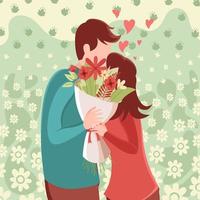illustrazione piatta di una coppia che si bacia tenendo il mazzo di fiori