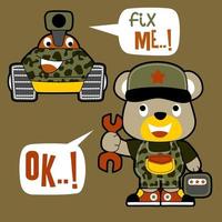 carino orso il militare meccanico con divertente blindato veicolo, vettore cartone animato illustrazione
