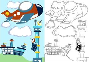vettore cartone animato di aereo volante attraverso aeroporto, colorazione pagina o libro