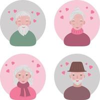il facce di anziano persone nel amore. avatar di contento amorevole nonni. ritratti di sorridente vecchio persone su San Valentino S giorno. divertente facce con cuori sopra loro teste. vettore illustrazione