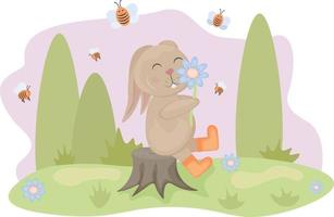 carino cartone animato coniglio. primavera illustrazione con il Immagine di un' coniglio. un' coniglio è seduta su un' ceppo con un' fiore nel il suo mani, contro il sfondo di un' foresta e api. vettore illustrazione