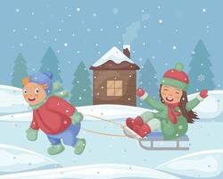 inverno illustrazione. Natale illustrazione con il Immagine di bambini equitazione un' slitta. un' ragazzo cavalcate un' ragazza su un' slitta. divertente bambini su un' inverno sfondo vettore