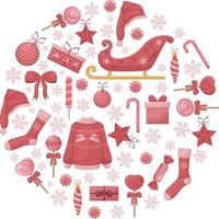 luminosa Natale impostato con Natale simboli come come Santa Claus slitta e cappello, Natale i regali, Lecca-lecca e altro Natale Accessori. vacanza collezione vettore illustrazione