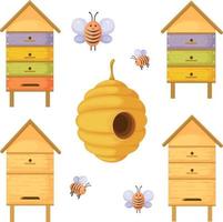 ape orticaria. un' impostato con il Immagine di alveari di vario forme e colori. case per api. di legno alveari con api. vettore illustrazione