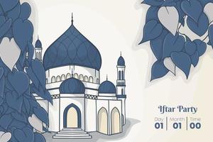 islamico sfondo con moschea dietro a il blu le foglie nel mano disegnato design per Ramadan modello vettore