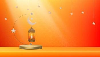 islamico podio con tradizionale islamico lanterna con mezzaluna luna, stella sospeso su arancia sfondo, vettore fondale di religione di musulmano simbolico, eid al fitr, Ramadan kareem, eid al adha, eid mubarak