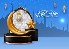 Ramadan kareem modelli. islamico saluto carta con d'oro decorazione, Luna. stella, lanterna e podio, isolato su moschea silhouette sfondo e notte sfumature. 3d vettore illustrazione