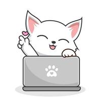 bianca gatto giocando il computer portatile taccuino - carino bianca figa gatto con amore vettore