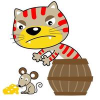 vettore cartone animato di gatto su di legno barile provare per catturare un' topi