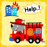 vettore cartone animato di carino rinoceronte su camion dei pompieri con ardente edifici