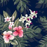 motivo floreale senza soluzione di continuità ibisco rosa, frangipani e fiori di orchidea su sfondo blu scuro astratto. illustrazione vettoriale acquerello disegnato a mano.