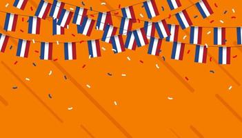 Olanda celebrazione pavese bandiere con coriandoli e nastri su arancia sfondo. vettore illustrazione.