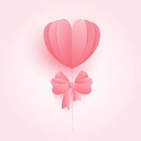 web3d cuore origami con sfondo rosa fiocco di nastro. concetto di amore per la festa della mamma felice, il giorno di San Valentino, il giorno del compleanno. illustrazione di arte di carta vettoriale. vettore