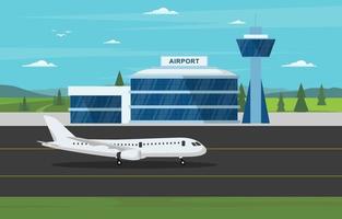 aereo in pista terminal dell'aeroporto edificio paesaggio skyline illustrazione vettore