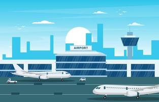 aereo in pista terminal dell'aeroporto edificio paesaggio skyline illustrazione vettore