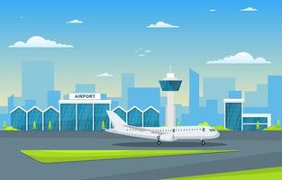 aereo in pista terminal dell'aeroporto edificio paesaggio skyline illustrazione