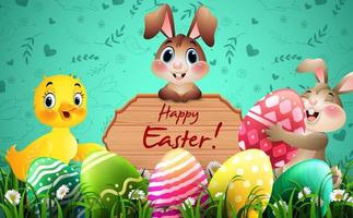 Pasqua saluto carta con Due poco conigli, anatra, colorato uova, e un' di legno cartello vettore