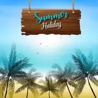 estate vacanza sfondo con un' di legno cartello e palma alberi vettore