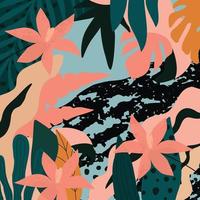 foglie e fiori tropicali colorati poster sfondo illustrazione vettoriale. piante esotiche, rami, fiori e foglie stampa artistica per prodotti di bellezza e naturali, spa e benessere, tessuti e moda
