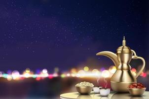 Ramadan kareem iftar festa celebrazione. tradizionale teiera con ciotola, tazze e date su cena tavolo vettore