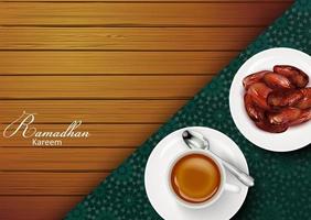 iftar festa invito saluto Ramadan kareem con tradizionale tè tazza e un' ciotola di date vettore