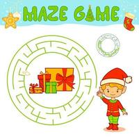 Natale labirinto puzzle gioco per bambini. cerchio labirinto o labirinto gioco con ragazzo elfo. vettore