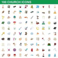 100 Chiesa icone impostare, cartone animato stile vettore