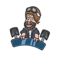 cartone animato portafortuna di barbuto ragazzo logo emblema con pistone. vettore