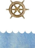 acquerello cartone animato blu onde con vecchio di legno timone ruota su bianca sfondo. nautico marino sfondo per bambini carta e invito vettore