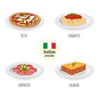 italiano cucina Pizza, spaghetti, carpaccio, e Lasagna nel bianca isolato sfondo. cibo concetto vettore illustrazione